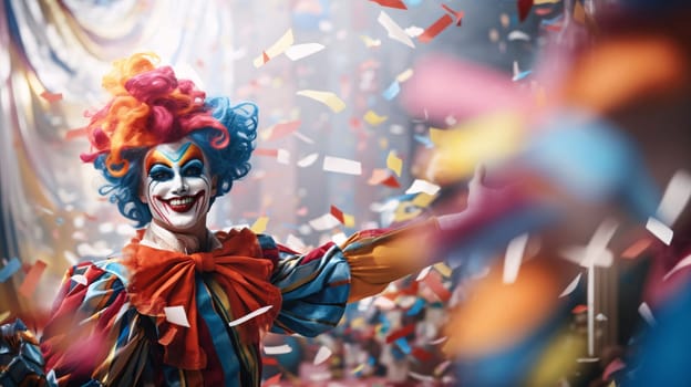 A clown in a colorful, funny costume all around smeared balloons, falling colorful confetti banner with a space for its own content. Carnival outfits, masks and decorations. A time of fun and celebration before the fast.