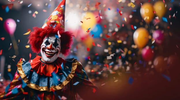 A clown in a colorful, funny costume all around smeared balloons, falling colorful confetti banner with a space for its own content. Carnival outfits, masks and decorations. A time of fun and celebration before the fast.
