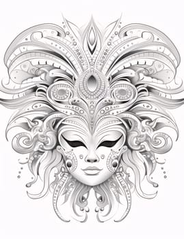 Black and white carnival mask with decorations, white isolated background. Coloring sheet. Carnival outfits, masks and decorations. A time of fun and celebration before the fast.