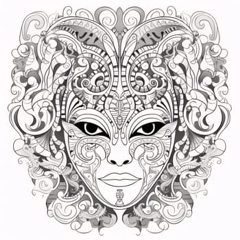 Black and white carnival mask with decorations, white isolated background. Coloring sheet. Carnival outfits, masks and decorations. A time of fun and celebration before the fast.