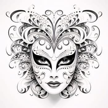 Black and white carnival mask with decorations, white isolated background. Carnival outfits, masks and decorations. A time of fun and celebration before the fast.