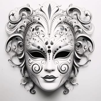 Black and white carnival mask with decorations, white isolated background. Carnival outfits, masks and decorations. A time of fun and celebration before the fast.