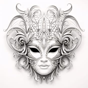 Black and white carnival mask with decorations, white isolated background. Carnival outfits, masks and decorations. A time of fun and celebration before the fast.