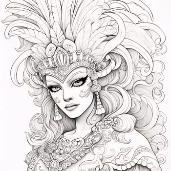 Black and white coloring card of a woman in a carnival mask with decorations and feathers. Carnival outfits, masks and decorations. A time of fun and celebration before the fast.