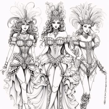 Three women in traditional carnival costumes. Black and White coloring sheet. Carnival outfits, masks and decorations. A time of fun and celebration before the fast.
