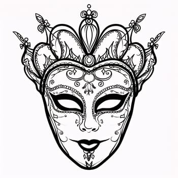 Black and white carnival mask with decorations, white isolated background. Coloring sheet. Carnival outfits, masks and decorations. A time of fun and celebration before the fast.