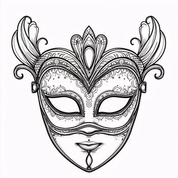 Black and white carnival mask with decorations, white isolated background. Coloring sheet. Carnival outfits, masks and decorations. A time of fun and celebration before the fast.