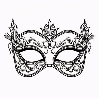 Black and white carnival eye mask with decorations, white isolated background. Coloring sheet. Carnival outfits, masks and decorations. A time of fun and celebration before the fast.