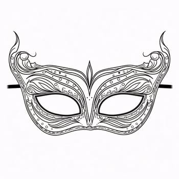 Black and white carnival eye mask with decorations, white isolated background. Coloring sheet. Carnival outfits, masks and decorations. A time of fun and celebration before the fast.