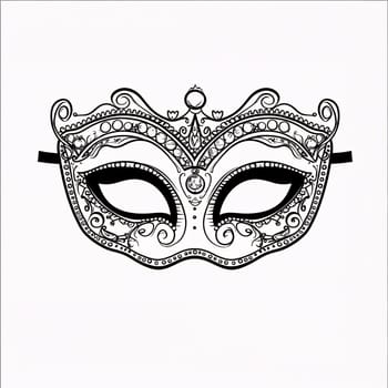 Black and white carnival eye mask with decorations, white isolated background. Coloring sheet. Carnival outfits, masks and decorations. A time of fun and celebration before the fast.