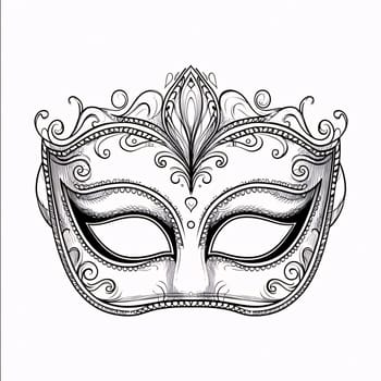 Black and white carnival eye mask with decorations, white isolated background. Coloring sheet. Carnival outfits, masks and decorations. A time of fun and celebration before the fast.