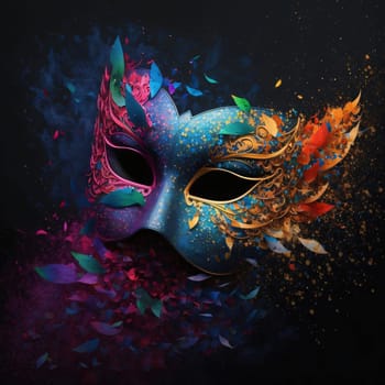 Carnival eye mask with colorful decorations, dark background Holi powder. Carnival outfits, masks and decorations. A time of fun and celebration before the fast.