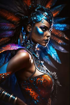 Black woman in carnival costume, colorful feathers pinned to her head. Carnival outfits, masks and decorations. A time of fun and celebration before the fast.