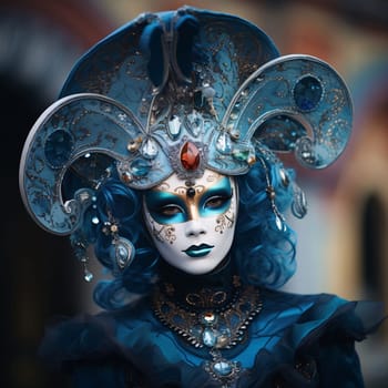 Woman in carnival costume with horns, rich decorations, blurred background. Carnival outfits, masks and decorations. A time of fun and celebration before the fast.