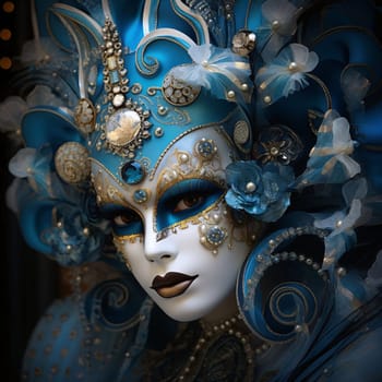 Woman in carnival costume with diamonds, rich decorations, blurred background. Carnival outfits, masks and decorations. A time of fun and celebration before the fast.