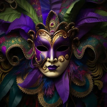 Gold purple carnival mask with ornaments. Carnival outfits, masks and decorations. A time of fun and celebration before the fast.