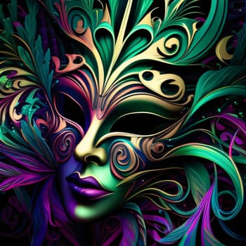 Gold purple carnival mask with ornaments. Carnival outfits, masks and decorations. A time of fun and celebration before the fast.