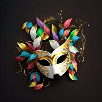 Carnival mask with Colorful leaves, ornaments black background. Carnival outfits, masks and decorations. A time of fun and celebration before the fast.