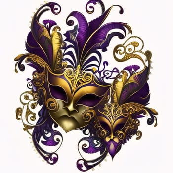 Two gold purple masks with ornaments on white background. Carnival outfits, masks and decorations. A time of fun and celebration before the fast.