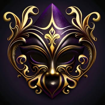Gold purple mask with ornaments on dark background. Carnival outfits, masks and decorations. A time of fun and celebration before the fast.
