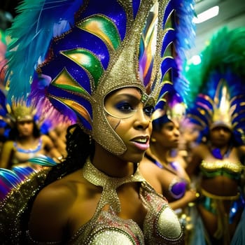 Women in skimpy costumes at a carnival party with decorations. Carnival outfits, masks and decorations. A time of fun and celebration before the fast.
