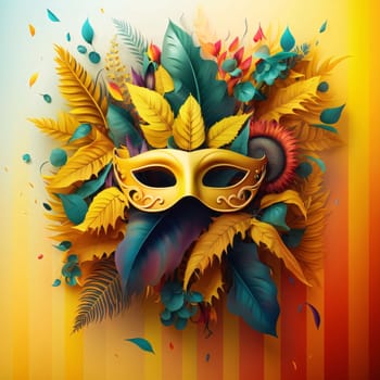 Gold eye mask with colorful leaves decorations all around. Carnival outfits, masks and decorations. A time of fun and celebration before the fast.