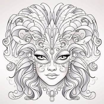 Black and white coloring sheet, carnival mask with decorations. Carnival outfits, masks and decorations. A time of fun and celebration before the fast.