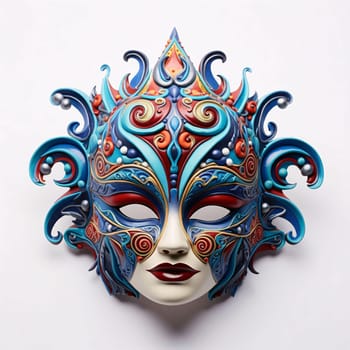 Carnival mask with blue, red decorations, white background. Carnival outfits, masks and decorations. A time of fun and celebration before the fast.
