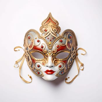 Small carnival mask with ornaments white background. Carnival outfits, masks and decorations. A time of fun and celebration before the fast.