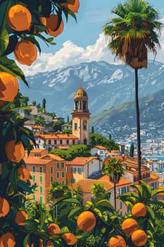A vibrant cityscape painting featuring oranges and palm trees in the foreground, set against a backdrop of a clear blue sky with fluffy white clouds