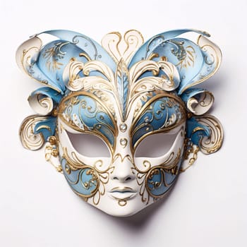 Mask with golden blue decorations on white background. Carnival outfits, masks and decorations. A time of fun and celebration before the fast.