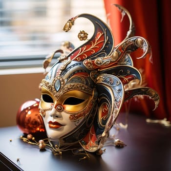 Carnival mask with rich gold colored decorations on the table top. Carnival outfits, masks and decorations. A time of fun and celebration before the fast.