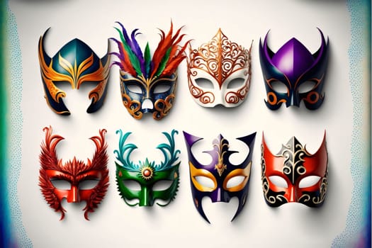 Colorful carnival masks on bright background. Arranged in a row. Carnival outfits, masks and decorations. A time of fun and celebration before the fast.