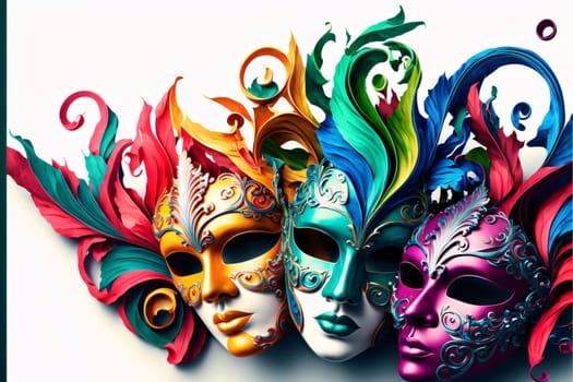 Colorful carnival masks on bright background. Carnival outfits, masks and decorations. A time of fun and celebration before the fast.