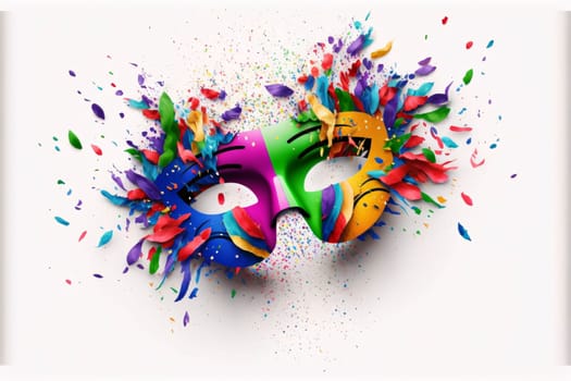 Colorful carnival eye mask on bright background. Splashes of color, confetti. Carnival outfits, masks and decorations. A time of fun and celebration before the fast.