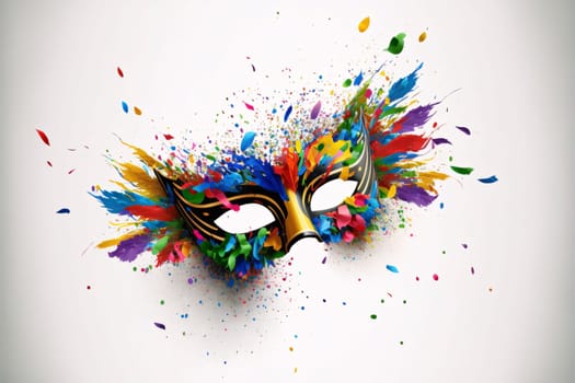 Colorful carnival eye mask on bright background. Splashes of color, confetti. Carnival outfits, masks and decorations. A time of fun and celebration before the fast.