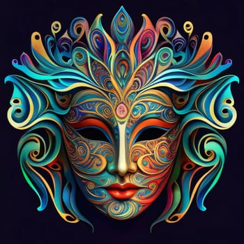 Concept illustration of carnival mother with colorful rich decorations. Dark background. Carnival outfits, masks and decorations. A time of fun and celebration before the fast.