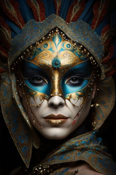 Young woman in mask and carnival costume with rich fine gold blue decorations. Carnival outfits, masks and decorations. A time of fun and celebration before the fast.