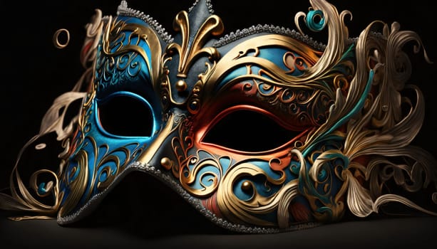 Carnival eye mask with gold rich decorations on black background. Carnival outfits, masks and decorations. A time of fun and celebration before the fast.
