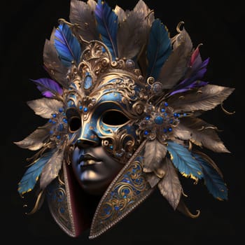 Carnival mask with piura with gold rich decorations on black background. Carnival outfits, masks and decorations. A time of fun and celebration before the fast.