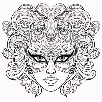 Black and white coloring sheet, carnival mask with rich decorations. Carnival outfits, masks and decorations. A time of fun and celebration before the fast.