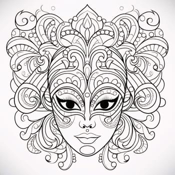 Black and white coloring sheet, carnival mask with rich decorations. Carnival outfits, masks and decorations. A time of fun and celebration before the fast.