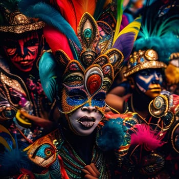 People in colorful carnival costumes, rich color decorations. Carnival outfits, masks and decorations. A time of fun and celebration before the fast.