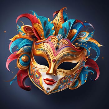 Illustration of colorful carnival mask with gold decorations, colorful feathers, dark background. Carnival outfits, masks and decorations. A time of fun and celebration before the fast.