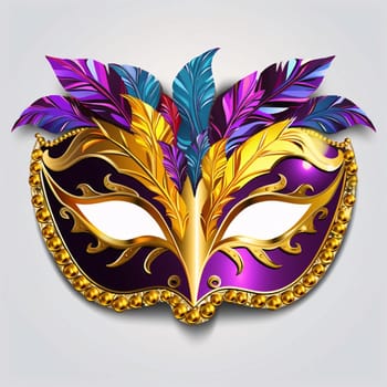 Gold purple carnival eye mask on light background. Carnival outfits, masks and decorations. A time of fun and celebration before the fast.