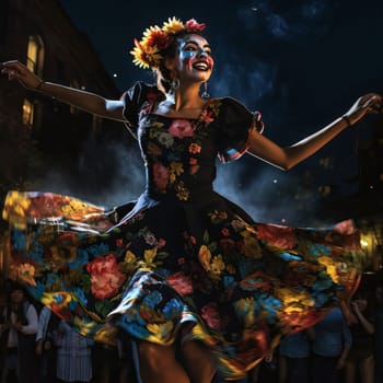 A woman with a painted face and a long dancing dress during a carnival party. Carnival outfits, masks and decorations. A time of fun and celebration before the fast.