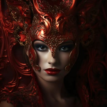 Woman in elegantly decorated red carnival mask on blackwing background. Carnival outfits, masks and decorations. A time of fun and celebration before the fast.