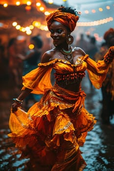 Black woman in orange costume at carnival party. Carnival outfits, masks and decorations. A time of fun and celebration before the fast.