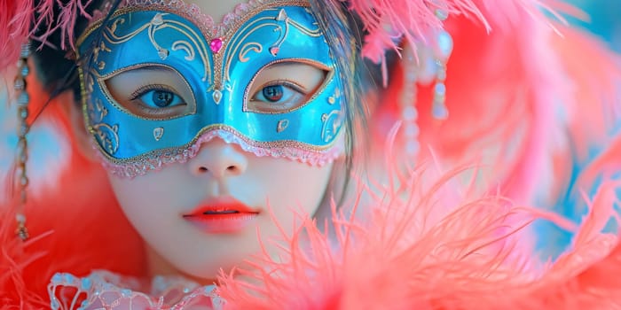 Face of a woman in an eye mask blue with gold ornaments, big long pink and blue feathers. Carnival outfits, masks and decorations. A time of fun and celebration before the fast.