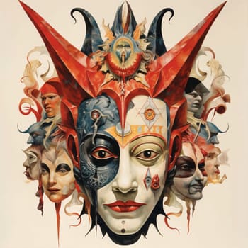 Carnival masks illustration, white clowns, background. Carnival outfits, masks and decorations. A time of fun and celebration before the fast.